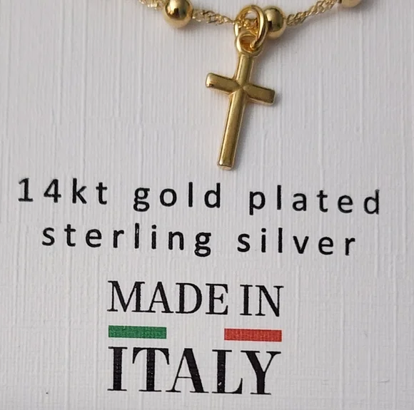 14k Gold on Sterling Silver Cross fixed pendant satellite 16"+2 necklace, NEW! - Picture 2 of 11